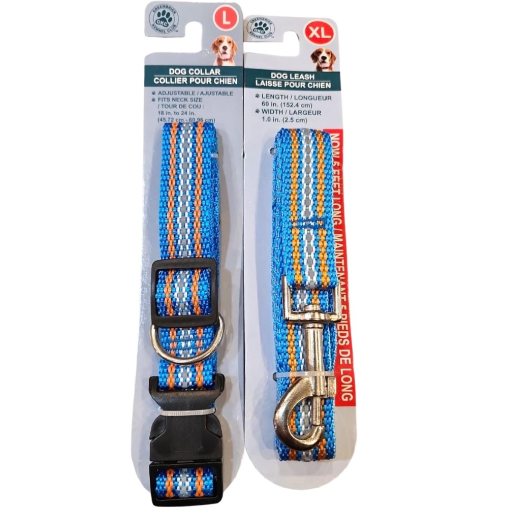 Blue Stripe Dog Leash & Collar Combo Large 18"-24" Neck NEW 2pc Set